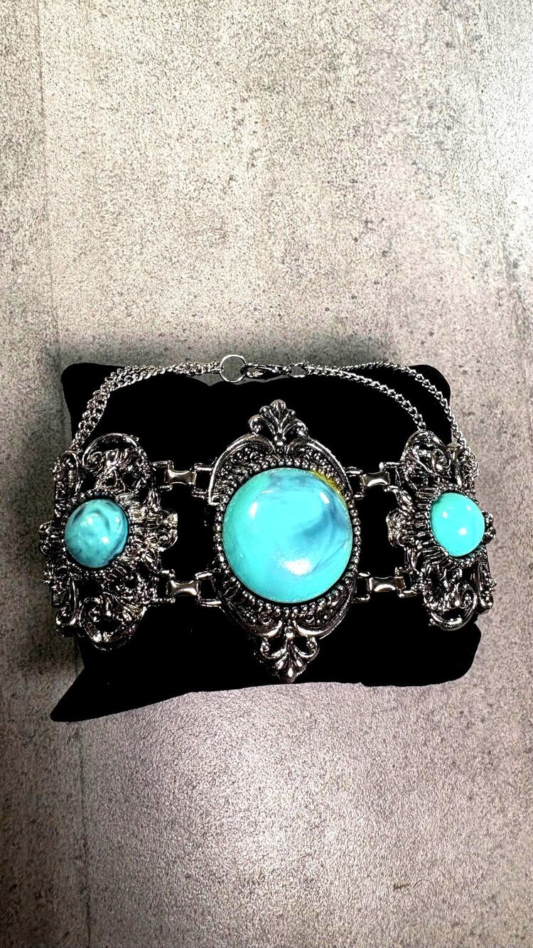 Vintage Renaissance Revival Bracelet Ornate Faux Turquoise Cabochon Bangle 9"
